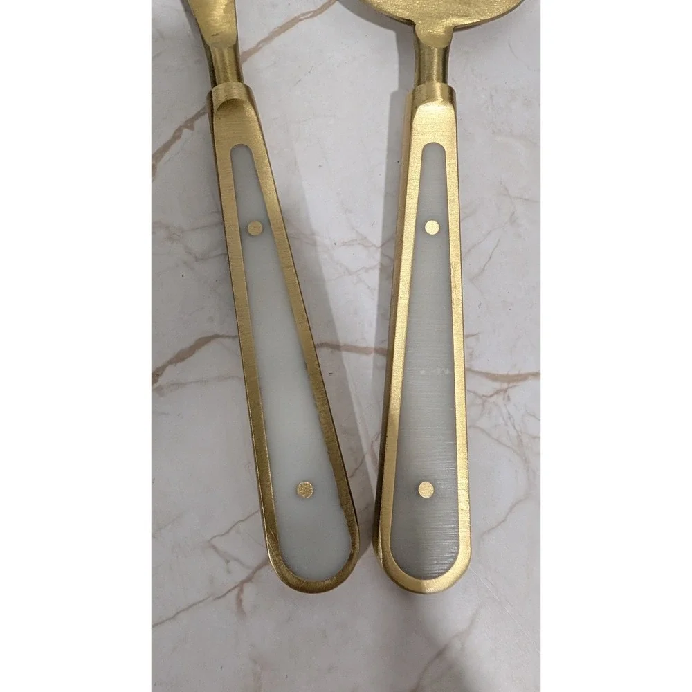 Anthropologie Gold Cheese Serving Set Spreader and Slicer White Inlay Handles